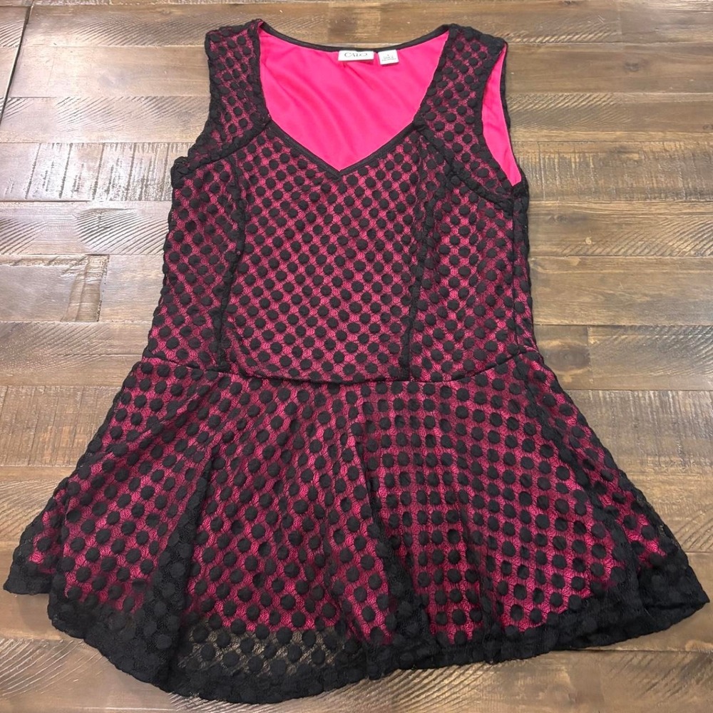Cato Peplum Top Small Pink Black Excellent Polka Dot Lace V-Neck Sleeveless